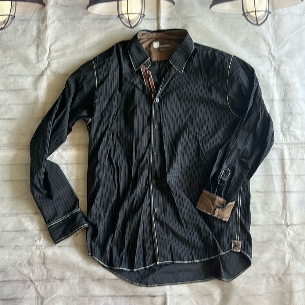 EUC Men's Equilibrio XL Black Velvet Stripe Long Sleeve Button Down